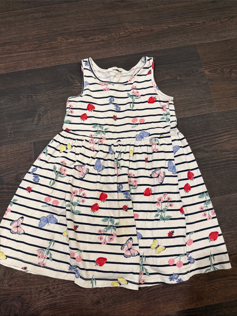 H&M White Navy-Stripe Dress with Multicolor Floral, Fruit & Butterfly Prints